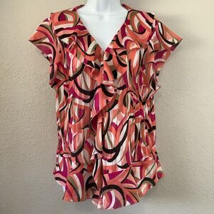 Vintage Y2K 2000s Pink Colorful Abstract Artsy Ruffle Pleated Feminine Blouse XL